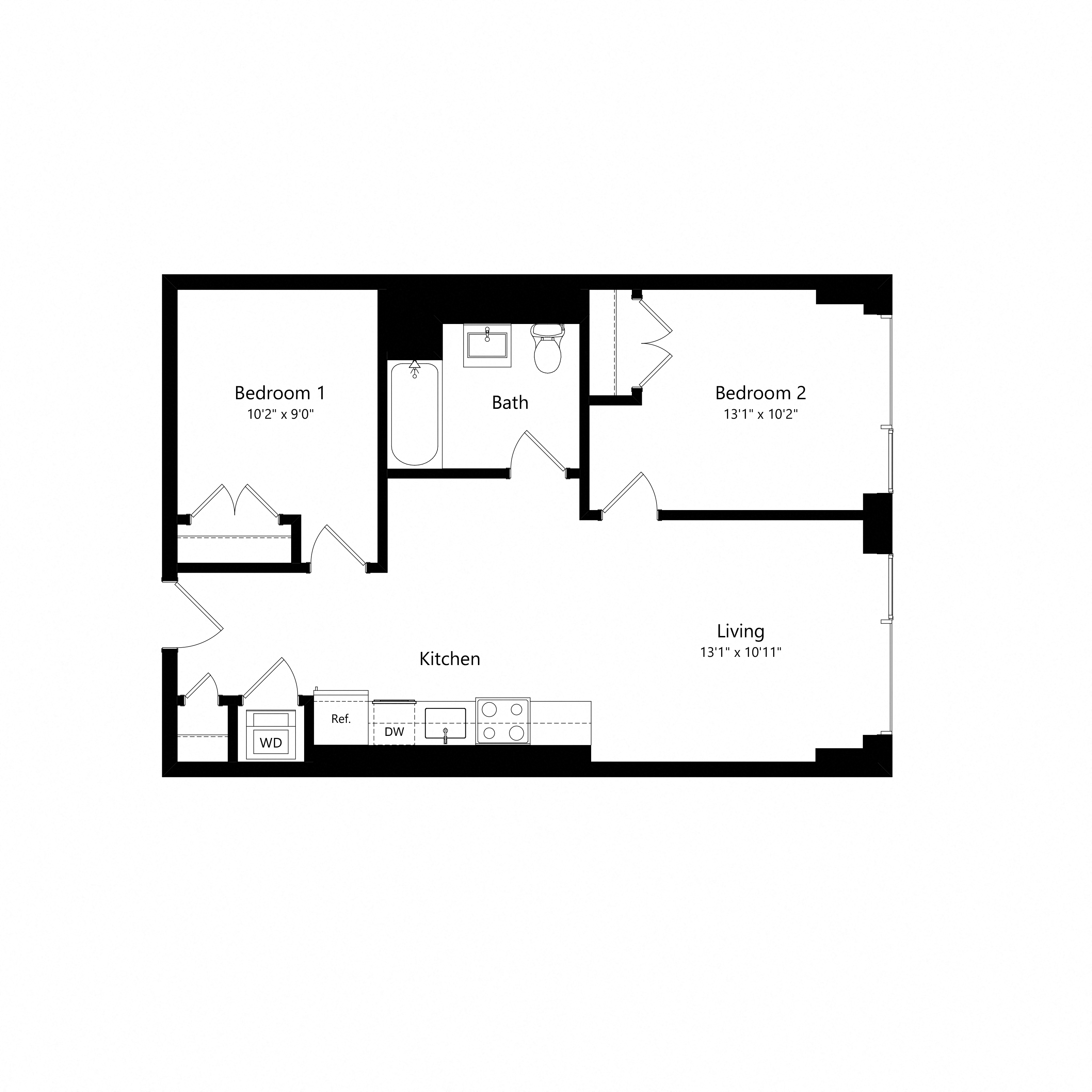 Floor plan for 2 beds, 1 bath, 715 sqft